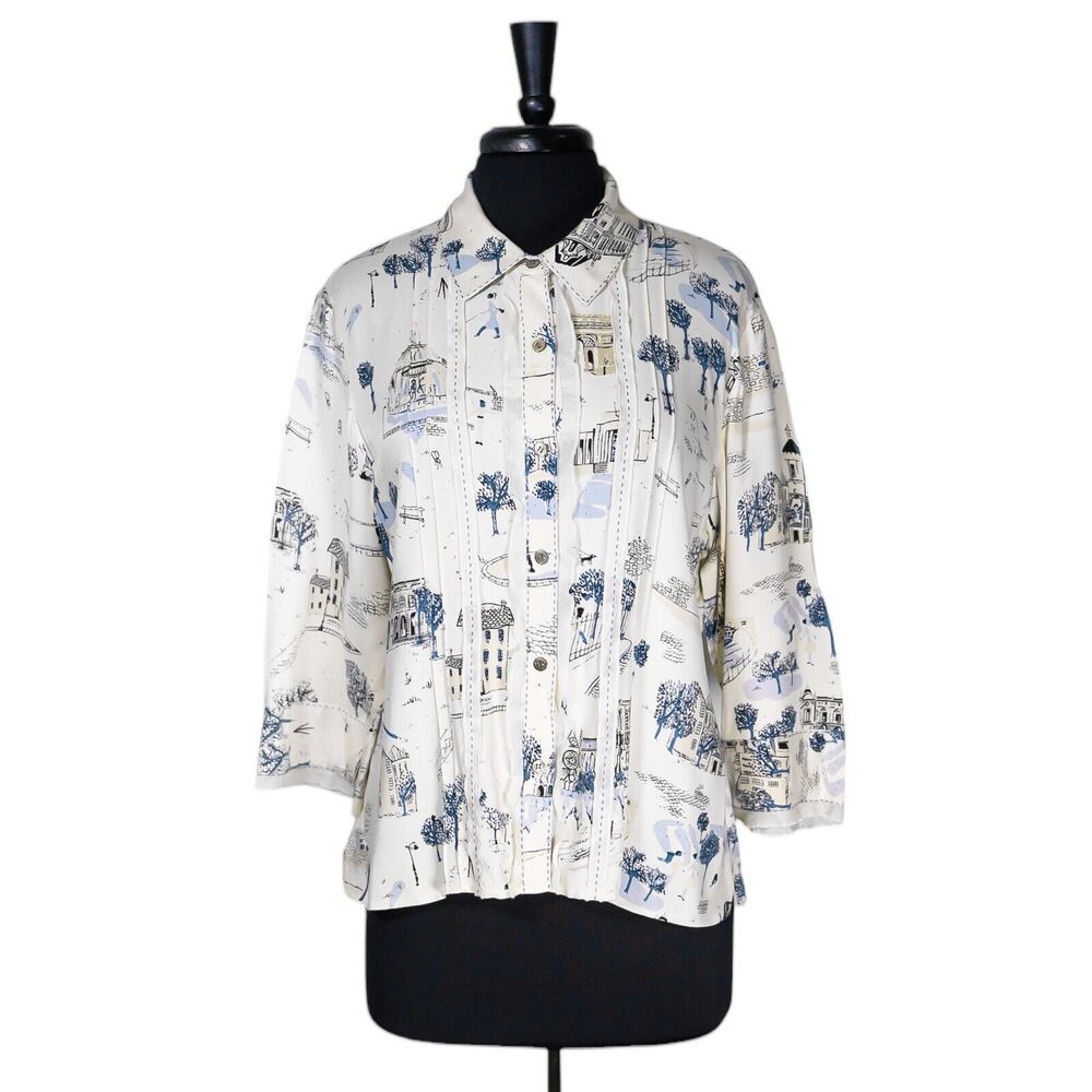 J. Jill Women's Shirt Button Up Beige City Print Spring Pleated Ruffle Top PL